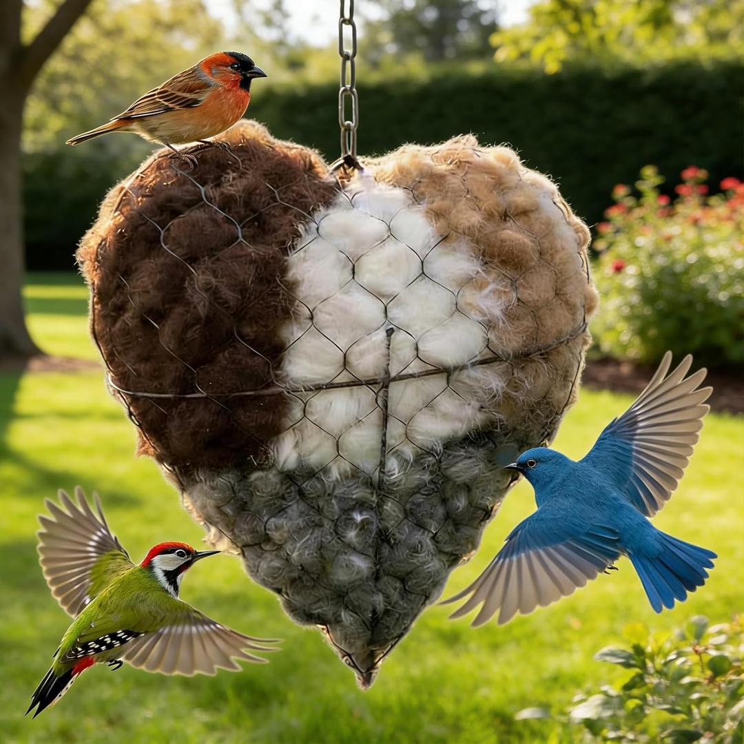 Handmade Fiber Bird Nesting Heart, 2026 New Birds Nests Material Holder, Refillable Hummingbird Nest Holder, Winter Tree Shelter for Wild Birds