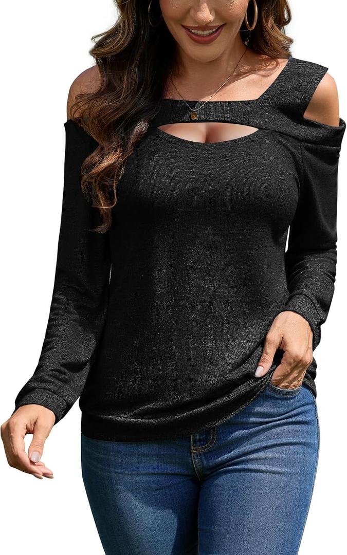 Womens Cold Shoulder Tops V Neck Long Sleeve T-Shirts Off Shoulder Tunic Top Basic Tees Casual Blouse (Large, 1-black)