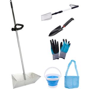 Sand Fleas Rake Set,Detachable 52 Inches Long Handle,Includes 1pcs Sand Flea Rake,1pcs Sand Sifter,1pcs Beach Bag,1pcs Black Beach Shovel,1pcs Foldable Fishing Bucket,One Pair of Gloves