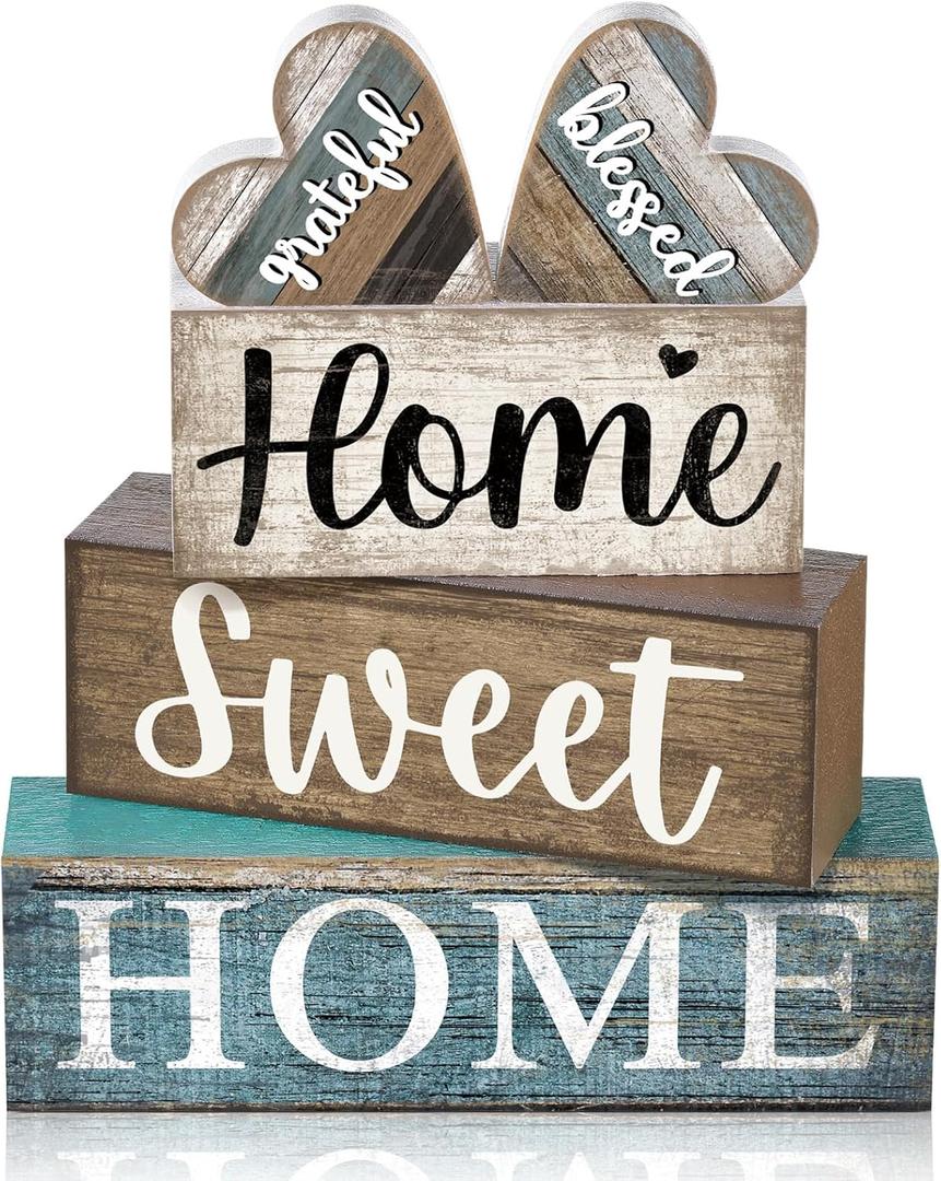 4 Pcs Farmhouse Wooden Tabletop Decor Sweet Home Tiered Tray Decor Rustic Heart Shaped Centerpiece Farmhouse Block Sign Housewarming Gifts for Home Kitchen Table Shelf Mantel Decoration (Multicolor)