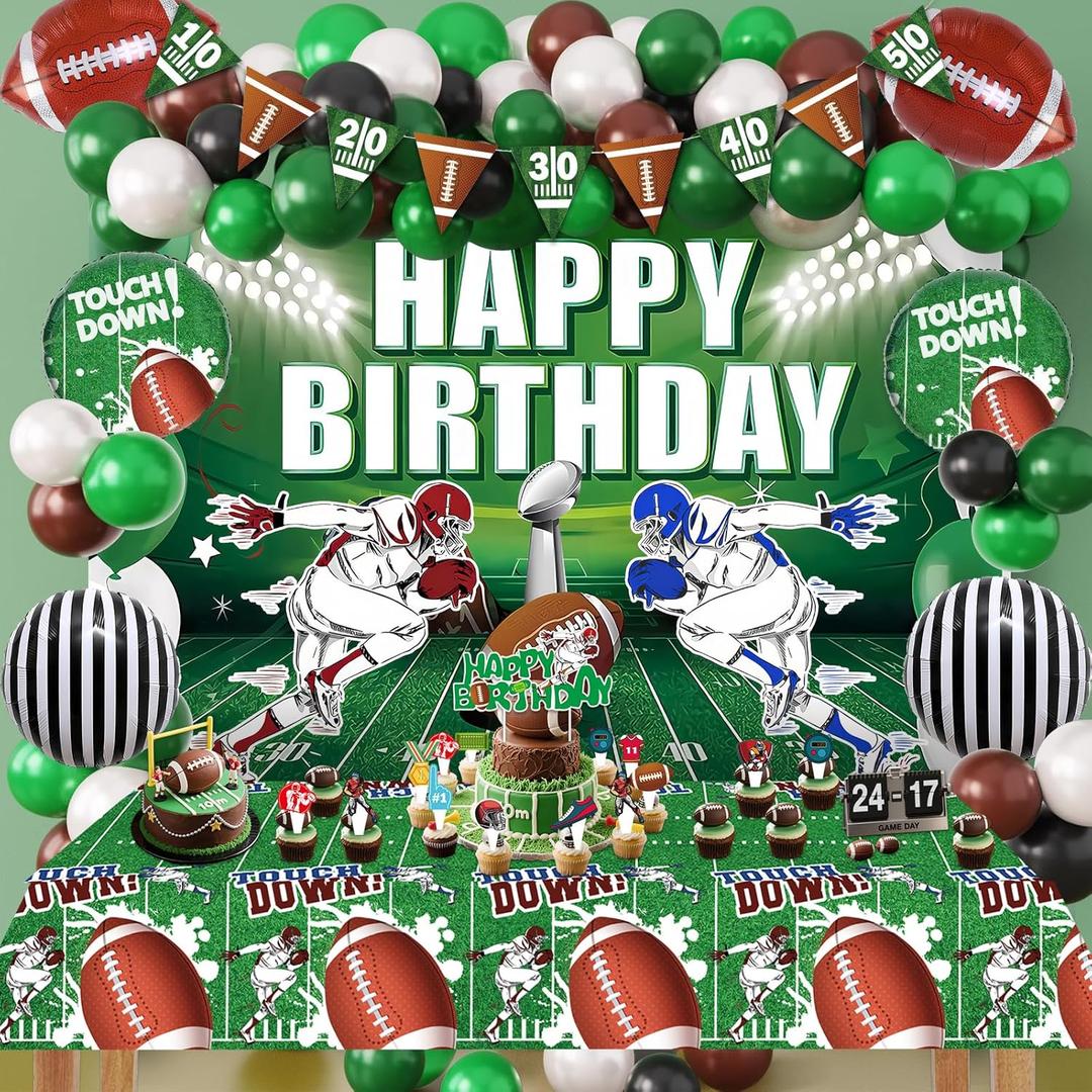 Football Birthday Party Decorations for Boys Girls - Premium Football Party Supplies Kit - Includes Banner, Tablecloth, Backdrop, Balloons, Cake Toppers, Tattoos