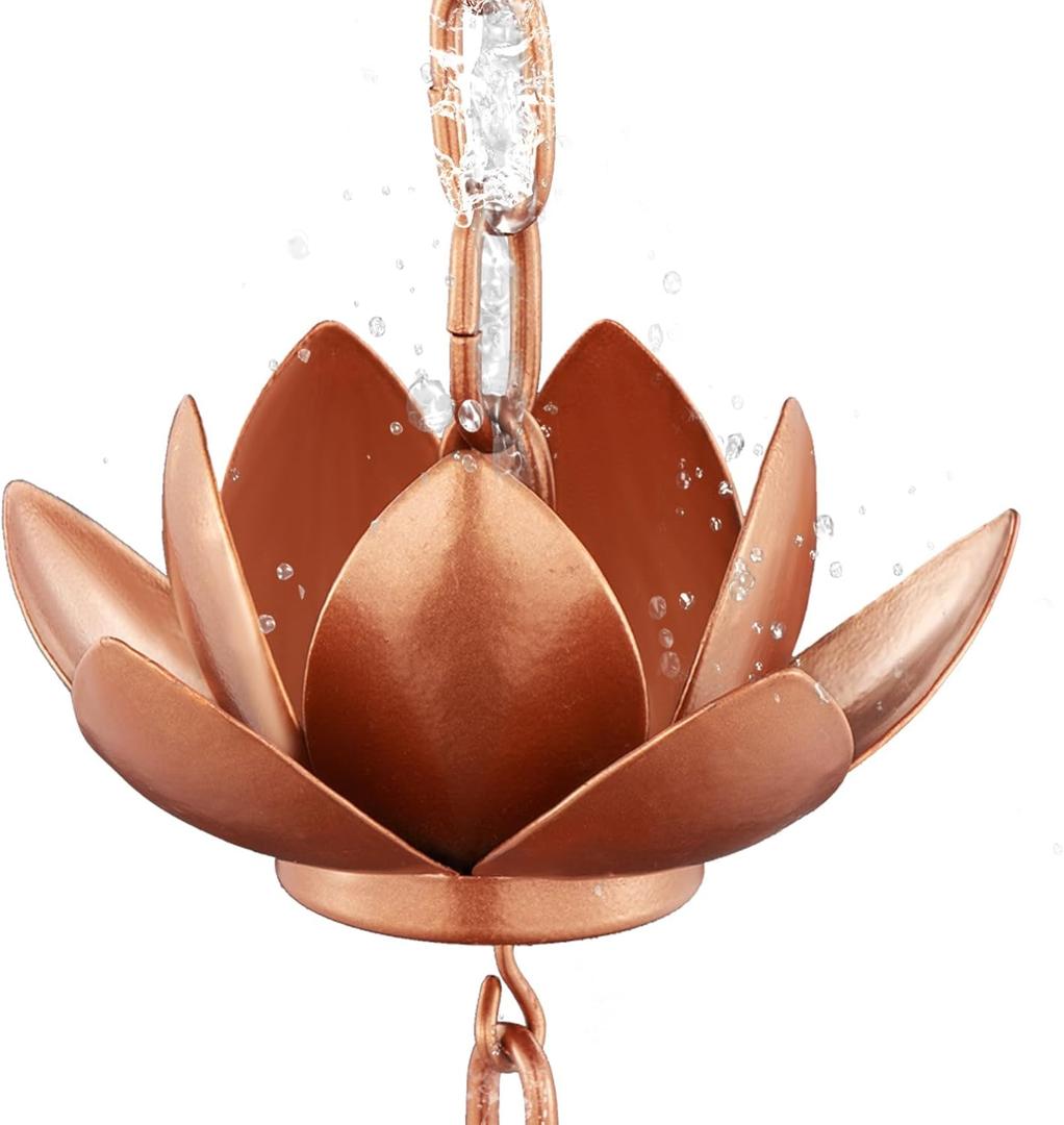 8.5ft Rain Chain for Gutters Downspouts Outside, Copper Plated Lotus Rain Chain Cups, Functional and Decorative Replacement for Gutter Downspouts