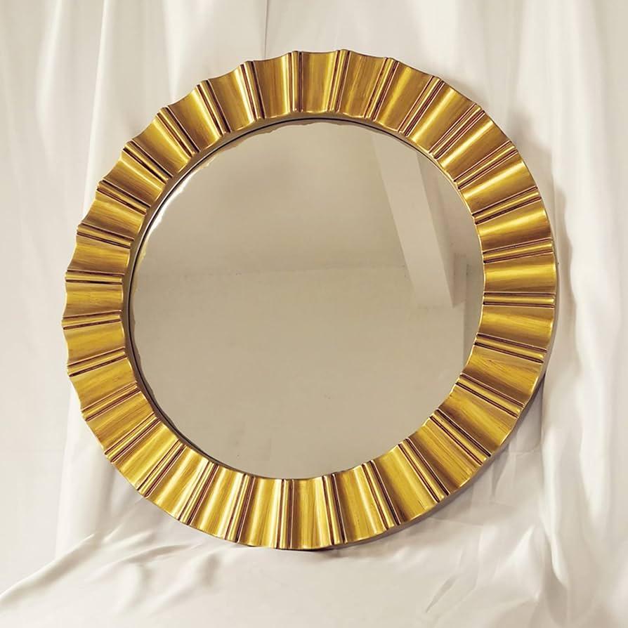 Set of 2 Small Round Wall Mirror with Bronze Leaf Sun Design - Handmade Wood Hanging Mirror Decor