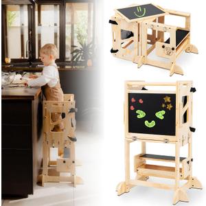 4-in-1 Foldable Toddler Tower with Safety Net, Wooden Kitchen Stool for Toddlers 18M-6Y, Montessori Learning Tower with Chalkboard, Activity Table, Adjustable Height Step Stool