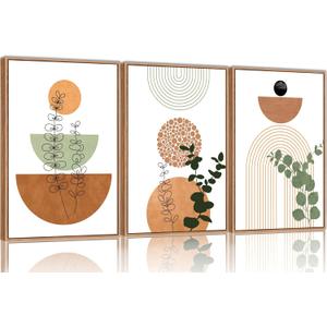 SIKERIC Framed Boho Wall Art Set of 3, (24x36 Inch) Neutral Boho Canvas Wall Art Prints, Mid Century Modern Wall Art Decor, Geometric Bohemian Art Painting for Living Room, Bedroom, Office