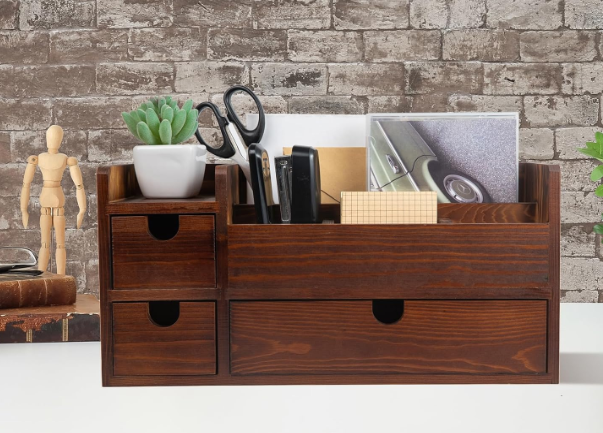 ExoLiry Rustic Brown Wooden Desktop Organizer Drawers Removable Office Supplies Torched Wood Storage Cabinet Caddy Box Stationery Pencil Slots Mail Holder Notes Accessories Home Makeup Tools Cosmetics