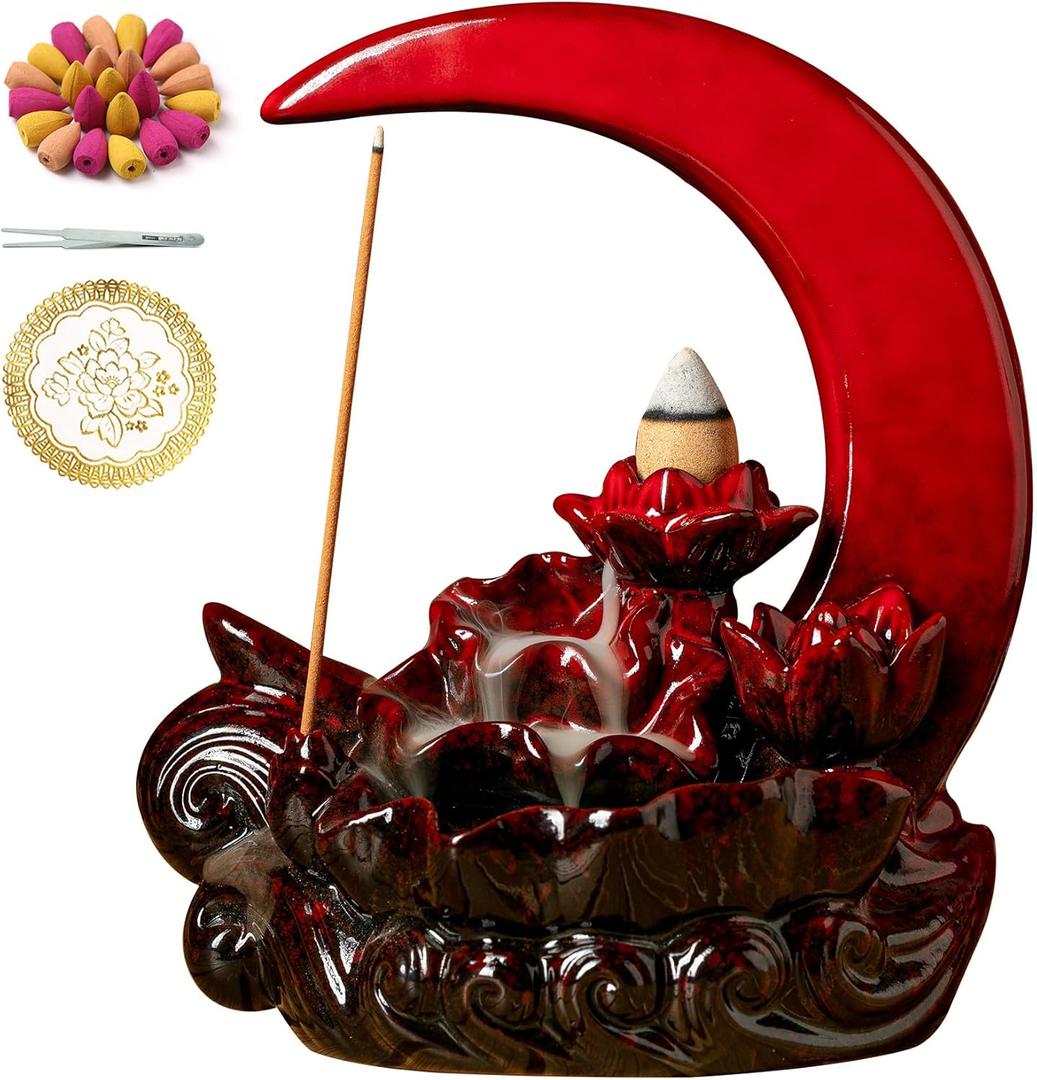 Moon Incense Burner with 60 Incense Cones + 30 Incense Stick, Ceramic Waterfall Incense Burner, Backflow Incense Holder for Aromatherapy Ornament Home Decor (Red)