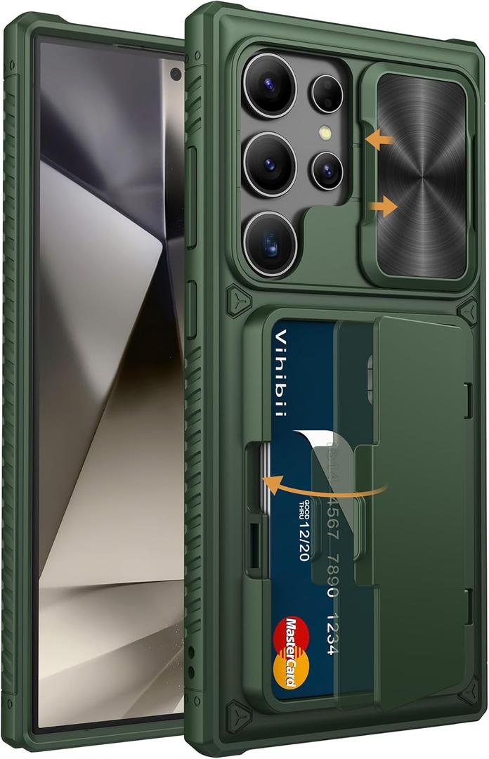 Vihibii for Samsung Galaxy S24 Ultra Case with Card Holder (4 Cards) & Slide Lens Cover & Kickstand & Raised Edges Protect Screen, Shockproof Rugged Case for Samsung Galaxy S24 Ultra 6.8", Green