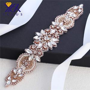 Rhinestone Bridal Wedding Dress Sash Belt Applique Crystal Patch Clothes Embellishments Sew Iron on Hot Fix for Bride Bridesmaid Gown Women Prom Formal Belt (Rose Gold)