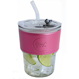13oz Pink Iced Coffee Cup with Plastic Lid, Vegan Leather Sleeve, Glass Tumbler with Straw and Lid, Matcha Cup, Hot and Cold Drink, Espresso Mug, (1 Count)