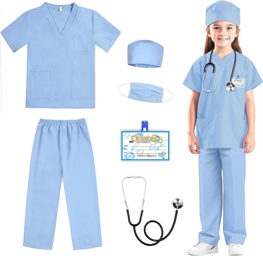 RioRand Doctor Costume for Kids, Toddler Nurse Scrubs with Accessories Christmas Dress Up Cosplay For Boys Girls 3-12 Years (Light Blue)