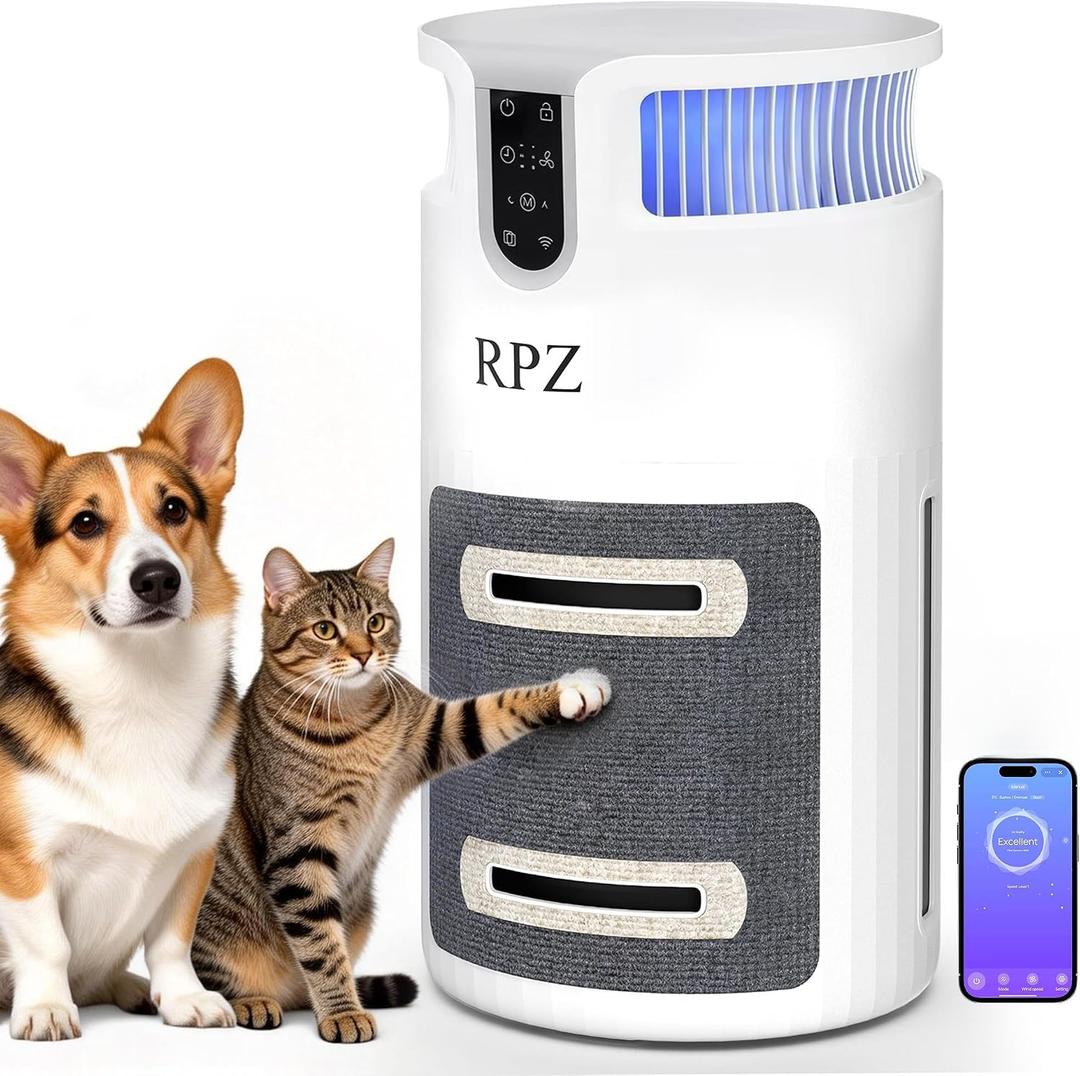 RPZ Smart Air Purifier Pets Large Room HEPA Air Cleaner Cat Dog Homes Filters Pet Hair and Dander Washable Filter WiFi Control Sleep Mode Timer 3 Speeds Quiet Cat Scratcher Fabric Design