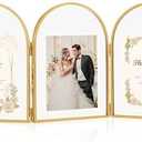 Jajamy 5x7 Triple Picture Frames, Arched Folding Hinged Brass Picture Frames for Three photos, Glass Floating Frame for Artwork Tabletop Display(5x7 Vertical)