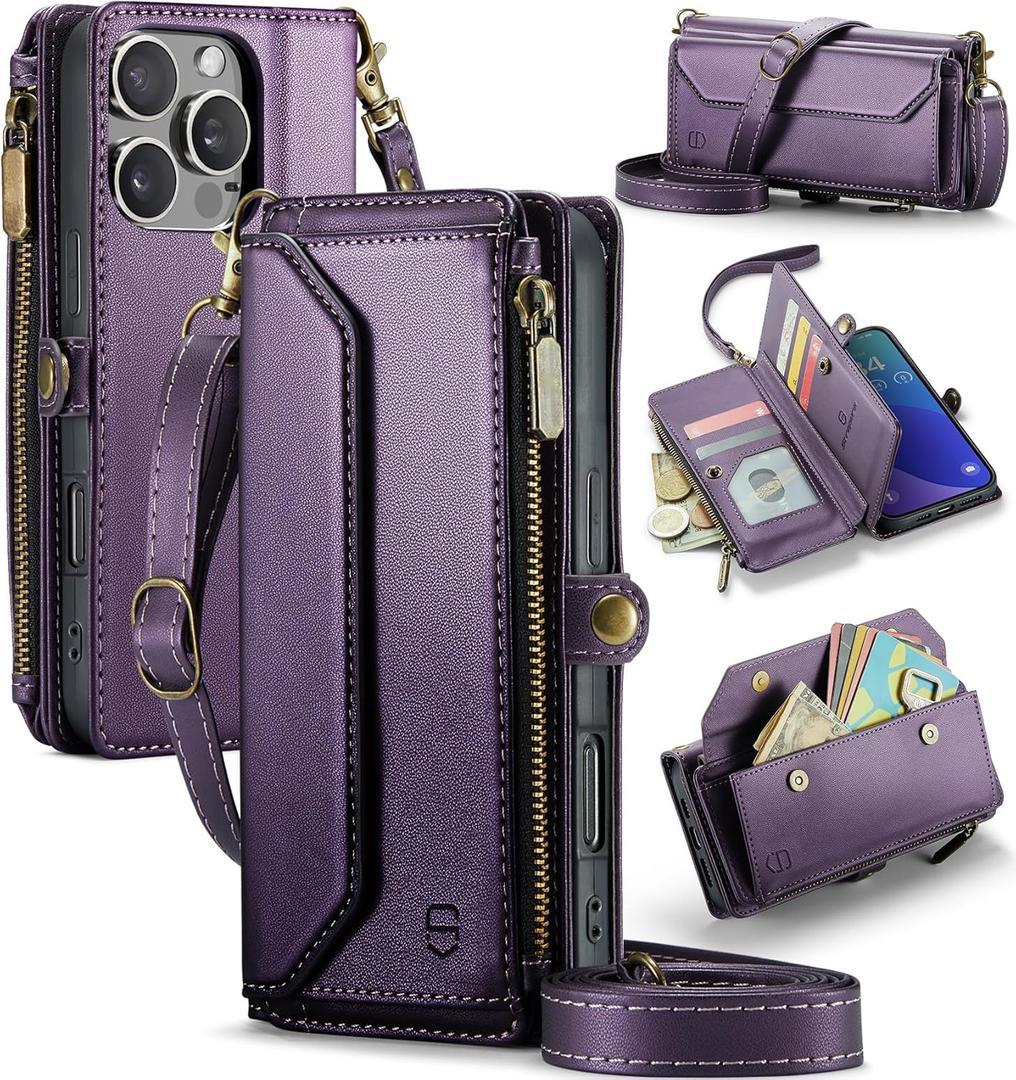 Strapurs Wallet Case Compatible with iPhone 16 Pro 6.3" RFID Blocking 10-Card Holder Soft PU Leather Magnetic Snap Shoulder Strap Zipper Pocket Phone Case Fit for iPhone 16 Pro for Women - Purple
