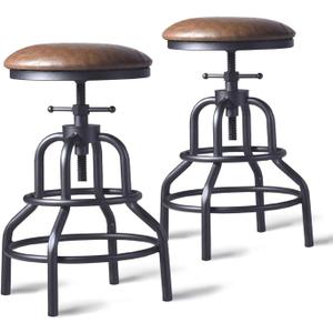 Diwhy Industrial Vintage Counter Stool, Kitchen Counter Height Adjustable Swivel Chair, Metal Frame Stool, 20.47-26.77 Inch, Fully Welded Base, Brown PU Upholstered, Set of 2