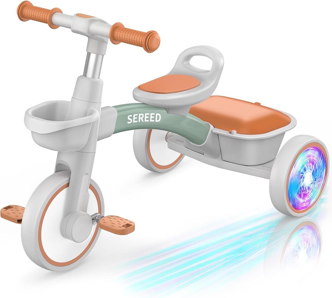 SEREED Colorful Lighting Toddler Tricycle for 2-5 Years Old Boys Girls, Adjustable Seat&Handlebar Trike, Removable Basket, Birthday Gift Idea for Kids Ages 2+ (Gray and orange)