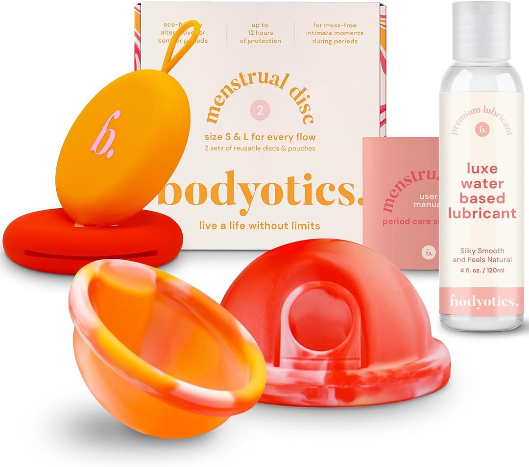 Reusable Menstrual Disc and Personal Lube Bundle - 2X Silicone Period Discs (Small & Large, Red/Orange), Wear Up to 12-Hours + Silicone-Friendly Water Based Lube, Personal Lube for Women and Couples