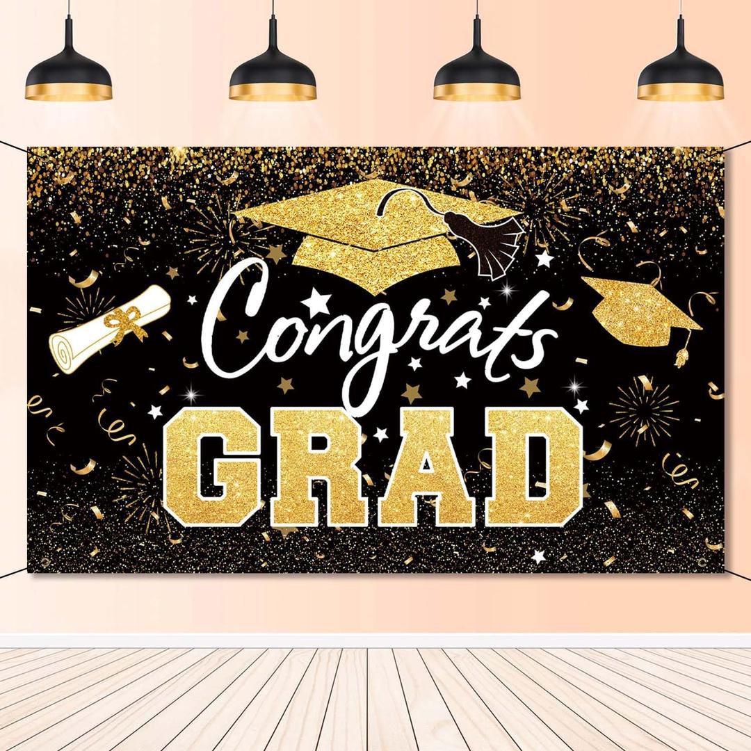 Graduation Party Decorations - Black Gold Congrats Grad Class of 2026 Backdrop Banner Large Sign Wall Decorations Photography Background Party Supplies for 2026 Graduation Party Decorations