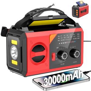 30000mAh Hand Crank Emergency Radio - Solar Portable Weather Radio AM FM NOAA with 3 Mode Flashlight & Reading Lamp, Headphone Jack, Cell Phone Charger, SOS for Emergency, Red