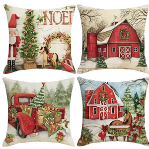 Red Christmas Pillow Covers 18x18 inch Set of 4, Winter Snowman Snoeflake Trees Santa Claus Soft Plush Fabric Xmas Throw Pillow Covers, Holiday Cushion Case for Couch Christmas Decorations