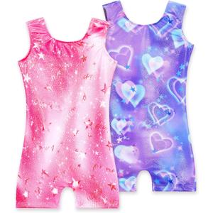 2 Pack Leotard for Girls Gymnastics Sparkly Tumbling Unitards with Shorts Sleeveless One Piece Biketards (3-4T, 2pcs Purple Heart & Pink B)