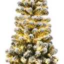 4.5Ft Pre-lit Artificial Christmas Pencil Tree, Snow Flocked Pine Tree w/ 150 LED Light, 242 Branch Tips, Metal Stand, Fake Slim Holiday Decoration for Indoor and Outdoor Use