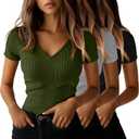 Ficerd 3 Pack Women's Short Sleeve Cotton T-Shirts V Neck Ribbed Slim Fit Tops Ladies' Casual Summer Basic Tee (Medium, Black, Light Gray, Army Green)