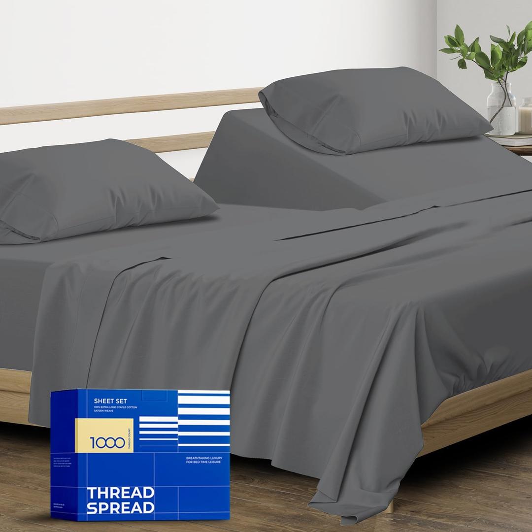 THREAD SPREAD 100% Pure Egyptian Cotton Split King Sheets Sets for Adjustable Bed - 1000 Thread Count 5 PC Top Split King Sheet for Sleep Number Bed, Cooling Sheets, Fits Mattress upto 18" - Dark Grey
