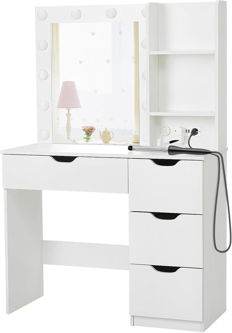 JoanKaren Modern Vanity Makeup Desk with Vanity Mirror, Built-in Lights, 4 Drawers, Crystal Ball Knobs, Power Outlet, White Makeup Desk for Bedroom