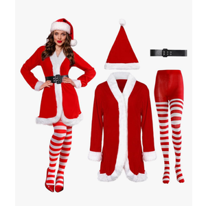 Sureio 4 Pcs Mrs Santa Claus Costume Women Christmas Dress Suit Cosplay Velvet Outfit with Belt Hat Striped Tights Elf Ears Size 2XL