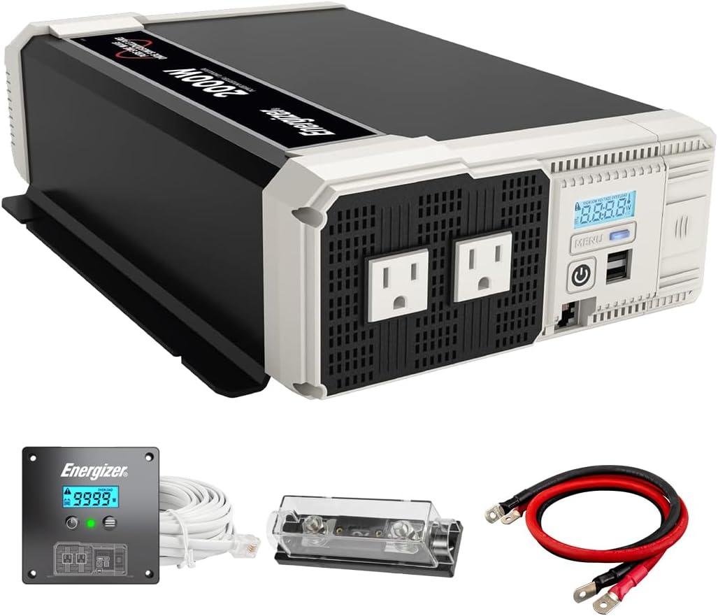 Energizer 2000 Watts Pure Sine Wave Power Inverter 12V DC to 110V/120V Converter for Family RV Off Grid Solar System with Dual USB Ports LCD Display & Installation Kit Included