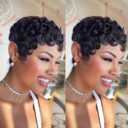 Pixie Cut Curly iWigs for Black Women Short Layered Pixie Wigs Brazilian Virgin Curly Wavy Human Glueless Short Curly Wigs With Bangs Natural Black Color for Daily Use