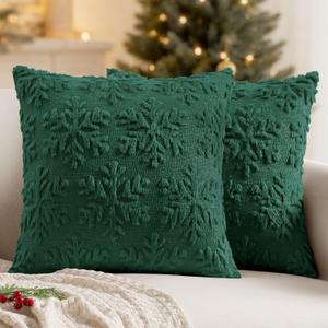 MIULEE Christmas Reindeer and Snowflakes Pillow Covers 18x18 Inch Dark Green Throw Pillows Set of 1 Decorative Festival Soft Fluffy Winter Pillow Covers for Home Decors Couch Sofa Livingroom Bed