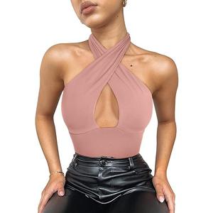 REORIA Women's Sexy Criss Cross Halter Neck Sleeveless Party Club Night Going Out Thong Bodysuits Tops Pink XLarge