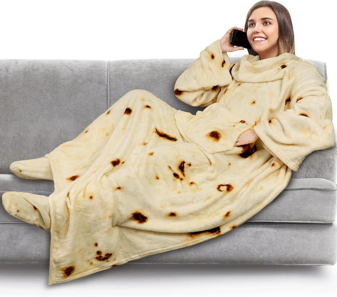 PAVILIA Fleece Blanket with Sleeves, Foot Pockets for Women Men Adults, Plush Wearable Blanket Throw Wrap, Warm Snuggle Blanket Robe, Cozy Gift Ideas Wife Mom, Burrito Beige