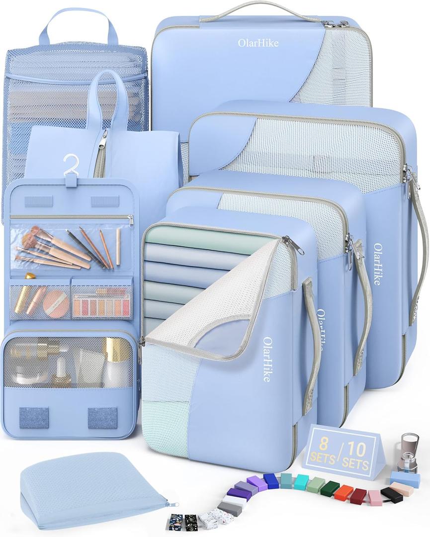 8 Set Packing Cubes for Travel, Gifts for Women Mom,Anti-Tearing Suitcase Organizer for Luggage Carts with Shoe & Hanging Toiletry Bag,OlarHike Vacation Essentials & Accessories for Cruise Ship
