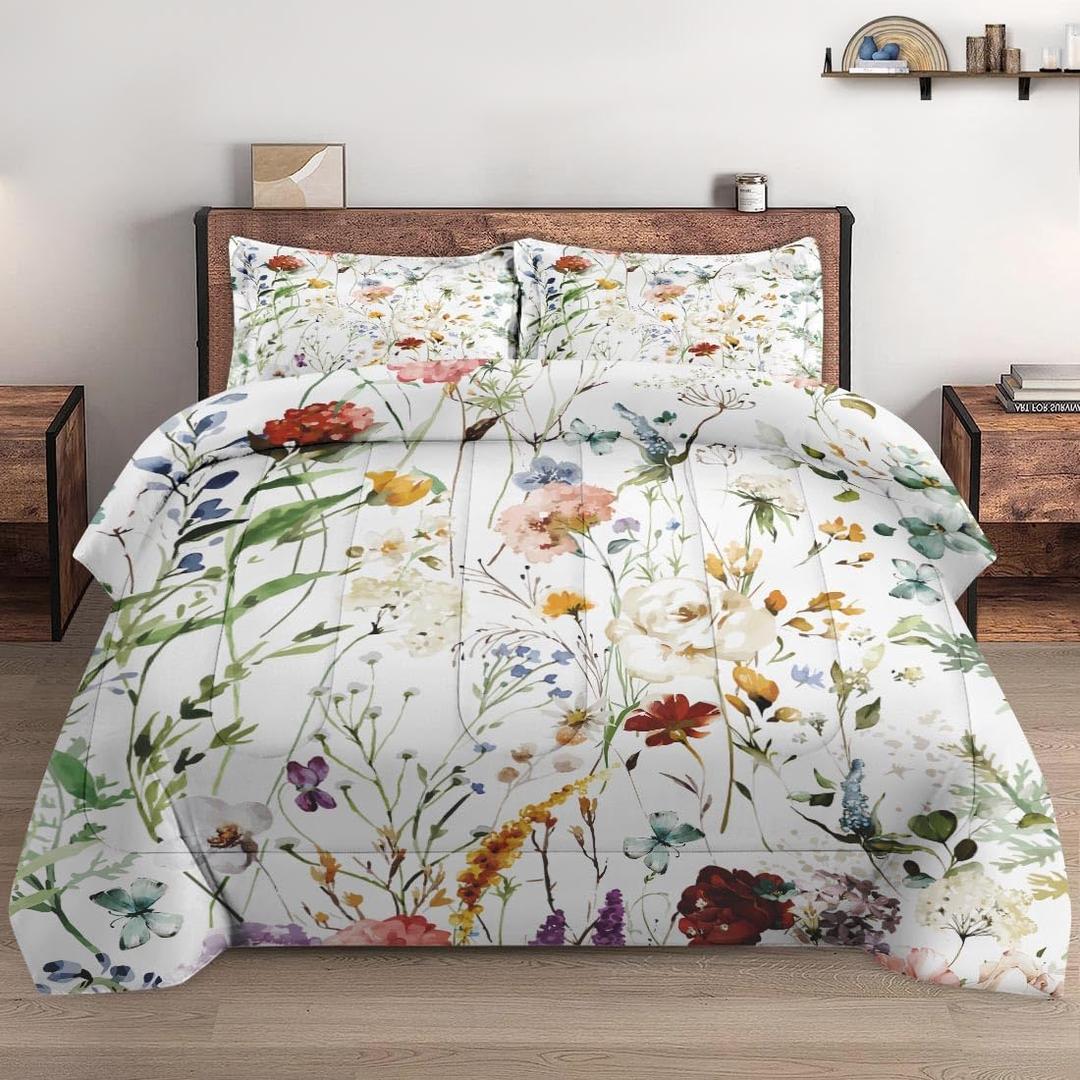 Queen Size Comforter Set with 2 Pillowcases, Wildflower Flower Floral 3 Pcs Bedding for Kids and Adults, Boho Watercolor Butterfly Soft Comforter Set for Bedroom Bed Decor