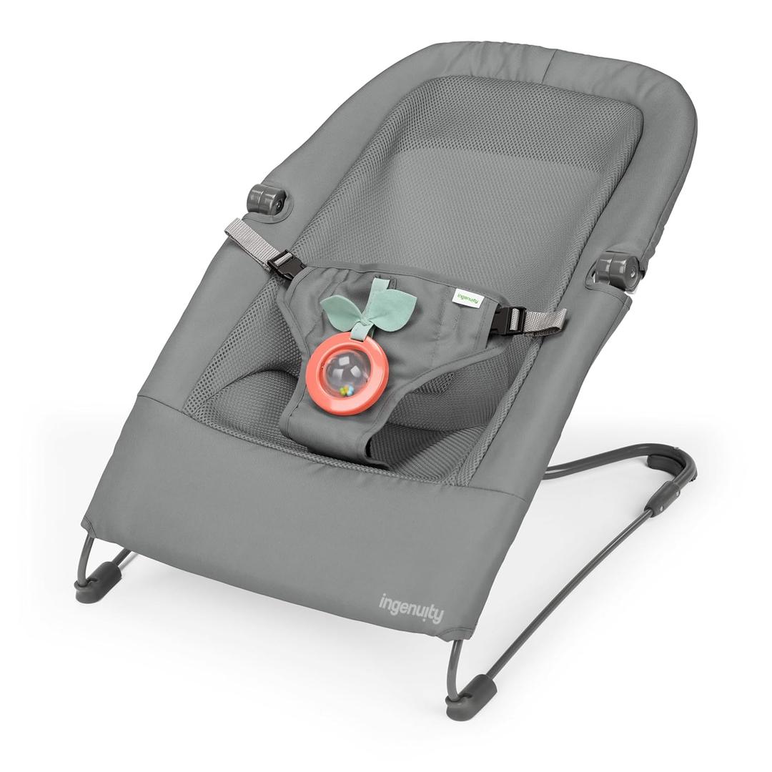 Ingenuity Stow & Go Compact Folding Baby Bouncer, Lightweight Portable Seat with Vibration, Grey, Under 5 lbs