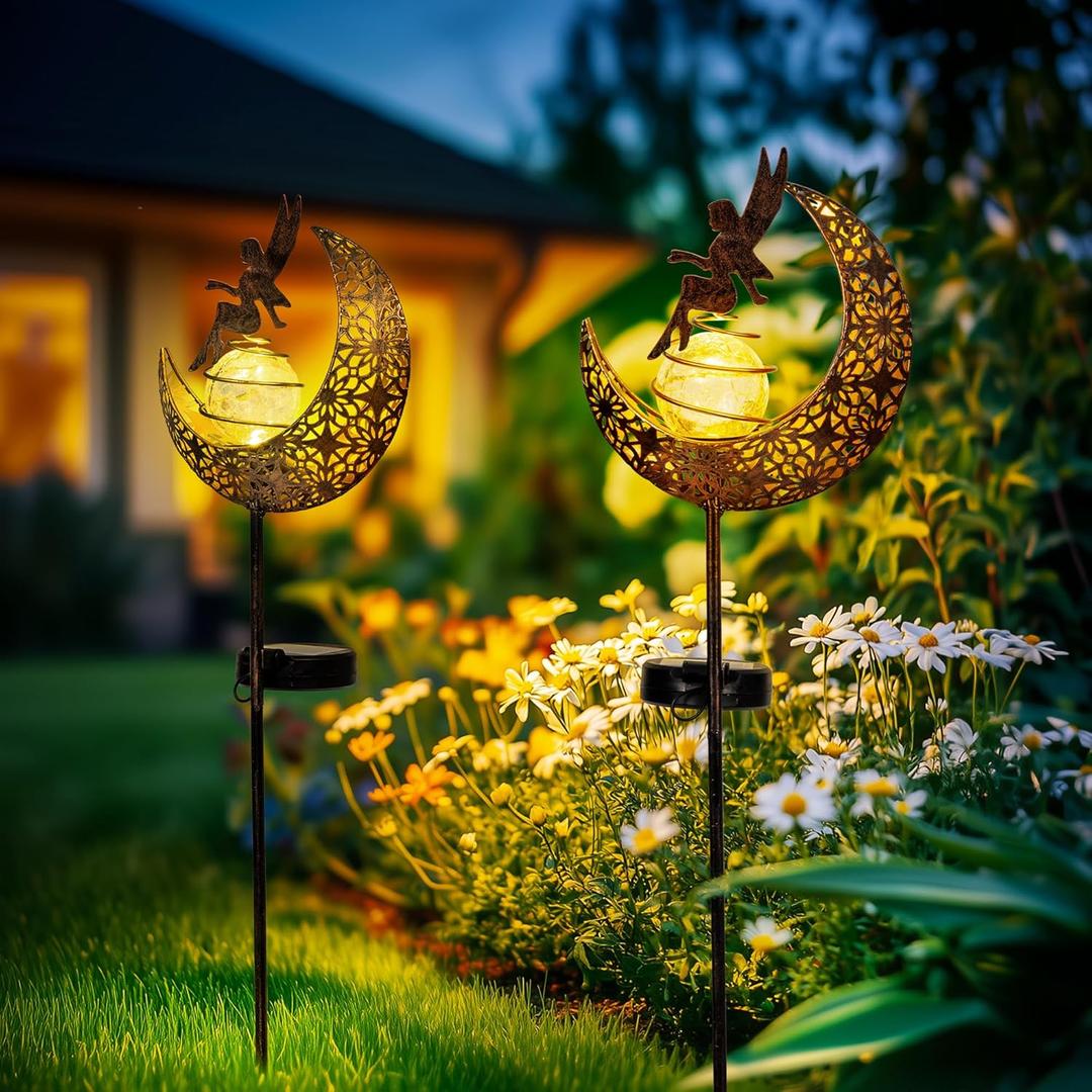 Fairy Garden Solar Lights Outdoor Decor, Moon Garden Stakes, Waterproof Outdoor Metal Decorations Gifts for Women and Mom, Art Moon Sculpture for Walkway, Yard, Patio, Garden and Porch, 2 Pack