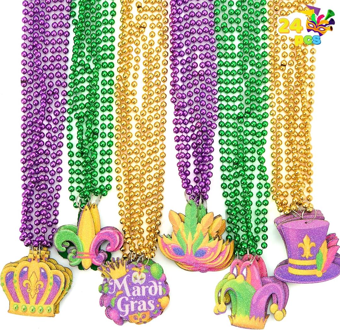 JOYIN 24 Pcs Mardi Gras Bead Necklaces with Pendant, 6 Designs Mardi Gras Necklaces, Gold Green Purple Beads Necklace Dress Up Costumes for Mardi Gras Party Decorations Supplies