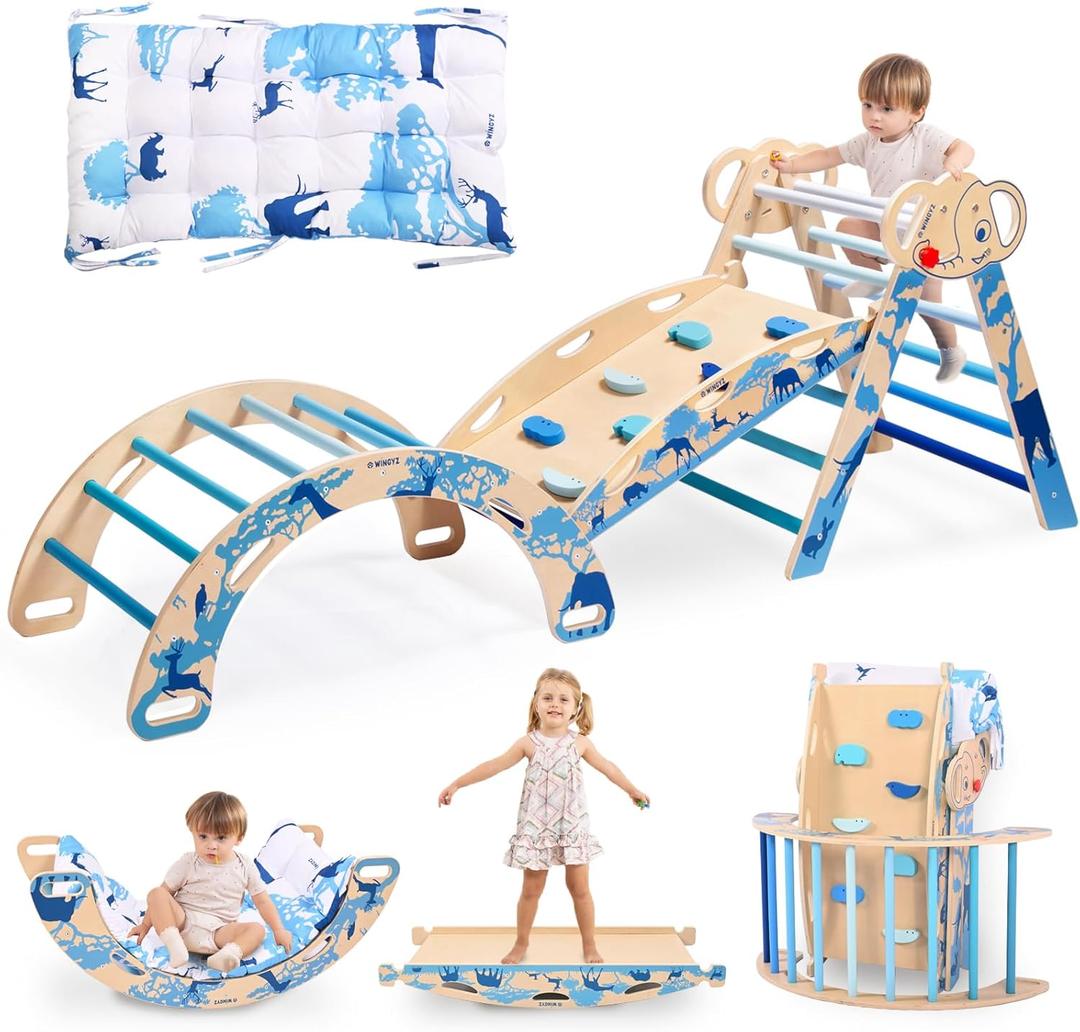 WINGYZ Pikler Triangle Set, Montessori Foldable 8-in-1 Jungle Gym with Reversible Animal Slide, Patent-Protected Climbing Set, Safe 2.35" Gap ASTM F963 Standards for Toddlers 18 Months-7 Years (Blue)