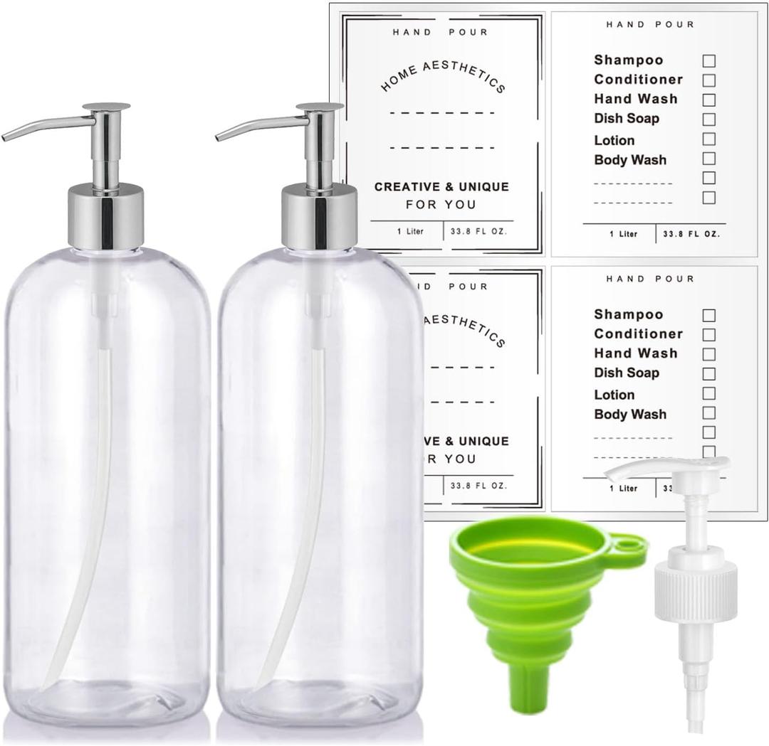 Refillable 32oz Dispenser Plastic Bottle 2pack with Steel Pumps, 1 Liter Crystal Clear Multi-Use Empty Container with Funnel for Shampoo, Conditioner, Body Wash, Liquid Hand Soap, Lotion
