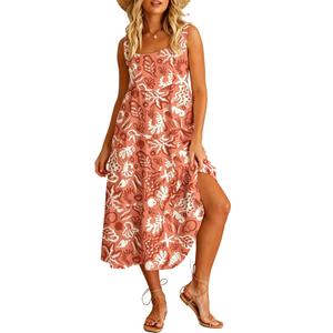 Women's Sleeveless Tiered Midi Dress Boho Beach Vibes Print Square Neck Flowy Casual Summer Dress (Orange, S)