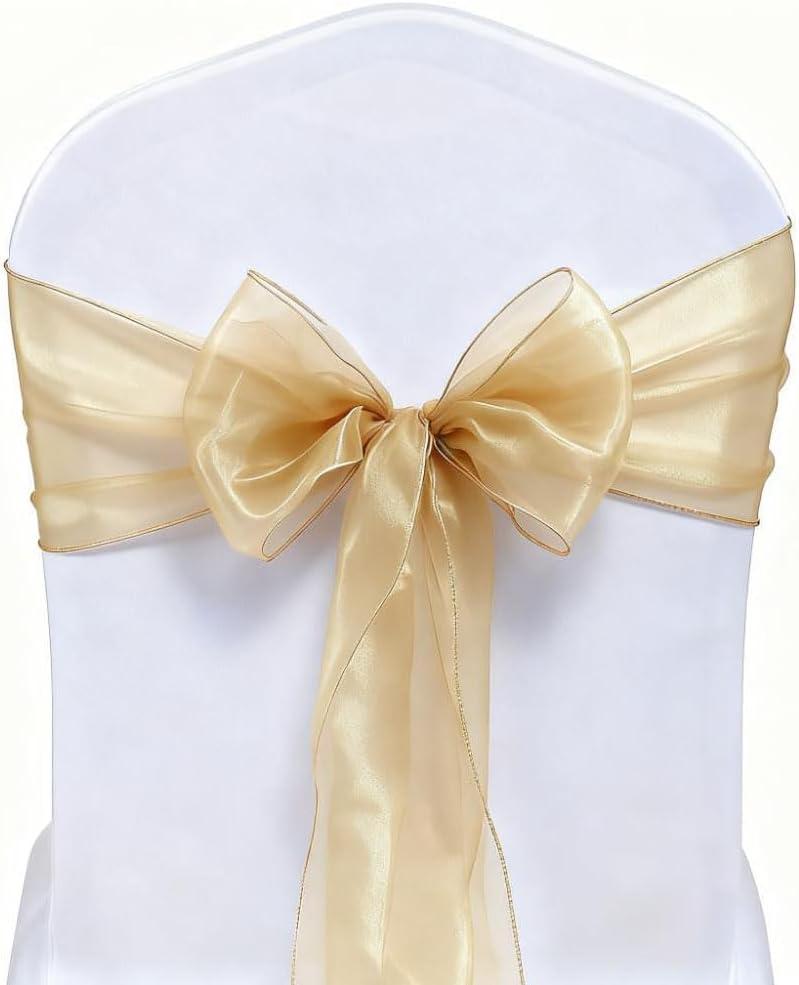 Organza Champagne Chair Sashes 50 Pack - Universal Chair Bows Ties Bands for Wedding Party Ceremony Banquet Baby Shower Decor