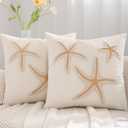 Tosleo Coastal Pillow Covers 18x18 Pack of 2 Beach Sea Stars Embroidered Throw Pillow Covers Beige Velvet Pillow Cushion Cases Farmhouse Decor Ocean Themed Cushion Covers for Spring Summer