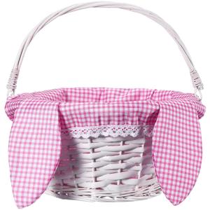 Hushee Easter Willow Gift Basket 11"7" Easter Wicker Bunny Baskets with Folding Handle Plaid Liners for Kids Toys Eggs Hunt Wood Bunny Bucket Decorations(Pink and White Plaid)