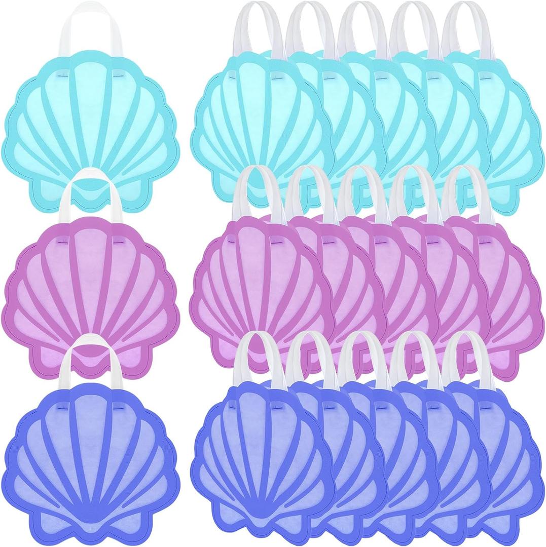 Sweetude 24 Pcs Mermaid Seashell Party Favors Bags Non-Woven Reusable Candy Goodie Gift Treat Bags with Handles for Mermaid Decor Summer Under the Sea Ocean Birthday Party Supplies