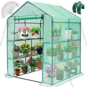 Greengro Greenhouse, 57 x 57 x 76'' Greenhouses for Outdoors, Durable Green House Kit with Window, Thicken PE Cover, 3 Tiers 8 Shelves, Heavy Duty Walk in Green Houses for Indoor Backyard Outside, Medium