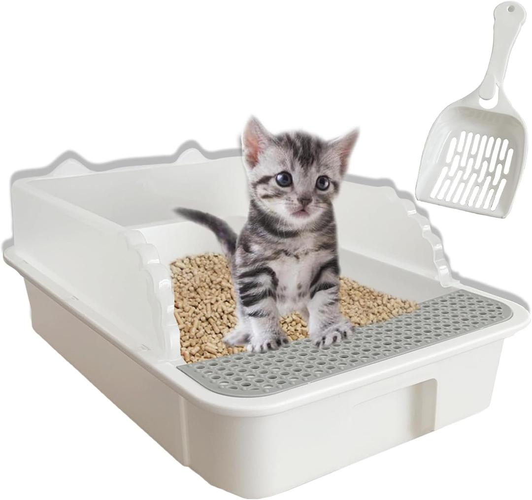 kathson Open Cat Litter Box with High Side,Anti-Splashing Cats Litter Pan,Kitten Toilet with Litter Sifting Scoop,Semi-Enclosed Removable Kittens Litter for Boxes Easy to Clean No Odor 11177 inches (ColorWhite)