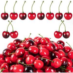 CLESDF 90Pcs Fake Mini Cherries, Artificial Faux Cherries Red and Red Black Cherry Decor, Fake Fruit Decor Simulation Cherry Model for Party Fruit Bowl Home Kitchen Photography Props